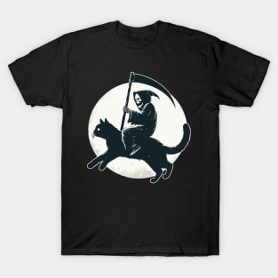 Grim Reaper Riding on Black Cat T-Shirt